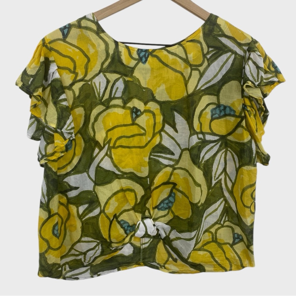 Finley Green and Yellow Floral Knotted Front Cropped Cotton Shirt Size Large